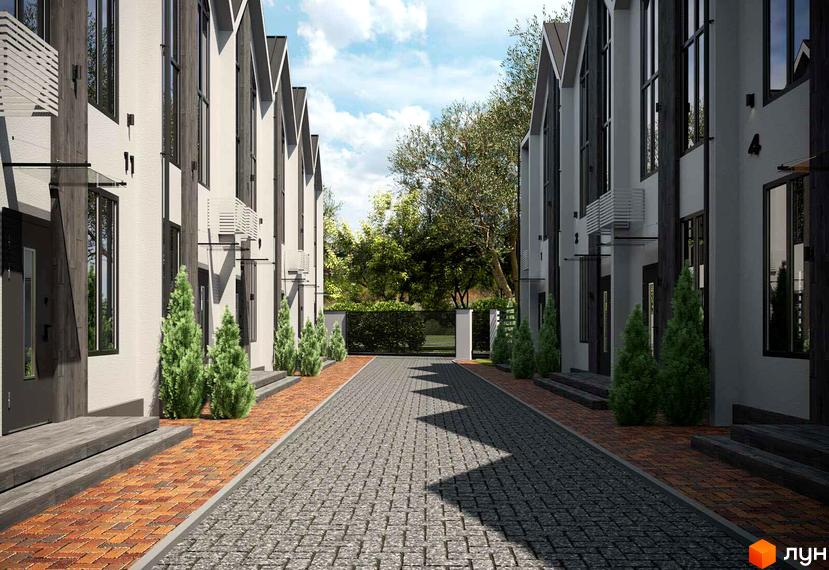 Таунхауси IHOUSE VILLAGE: ряд двоповерхових будинків з білими фасадами та темними вікнами, брукована дорога та цегляні доріжки з зеленими насадженнями.