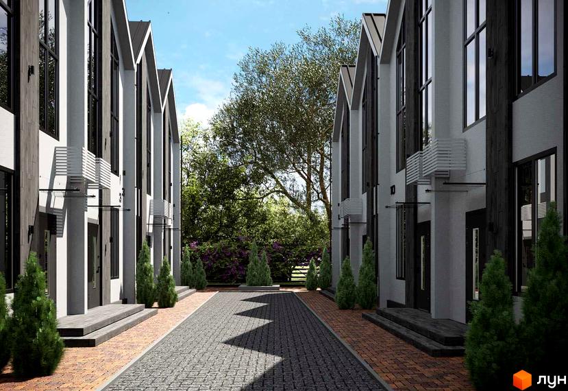 Ряд таунхаусів IHOUSE VILLAGE з біло-чорними фасадами та панорамними вікнами. Перед будинками вимощені доріжки та зелені насадження.