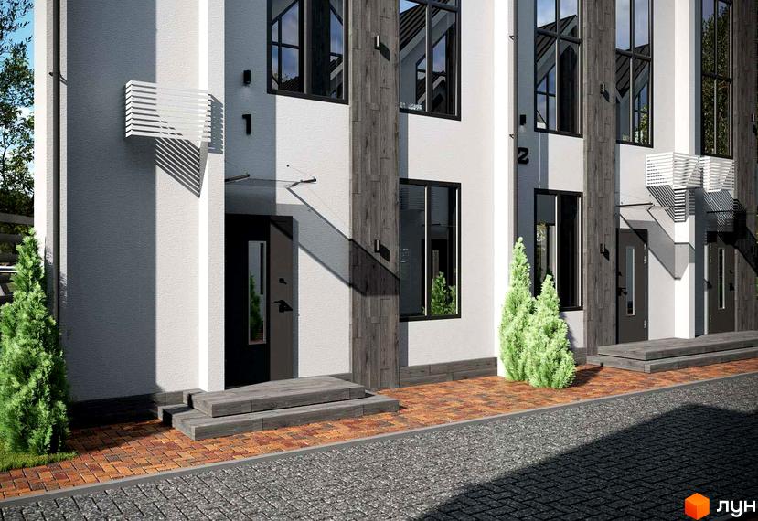 Зовнішній вигляд таунхаусів IHOUSE VILLAGE з білими стінами та великими вікнами. Перед будинками висаджені декоративні кущі.