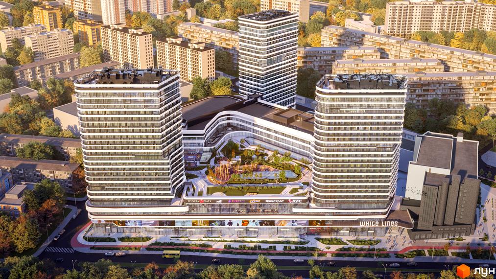 Житловий комплекс White Lines має три високі будівлі білого кольору. Між ними розташований внутрішній двір з зеленими зонами та майданчиками.