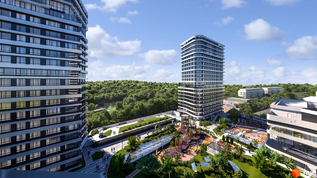 Новобудова White Lines: високі житлові будинки зі світлими фасадами та великий внутрішній двір з дитячим майданчиком і зеленими зонами.