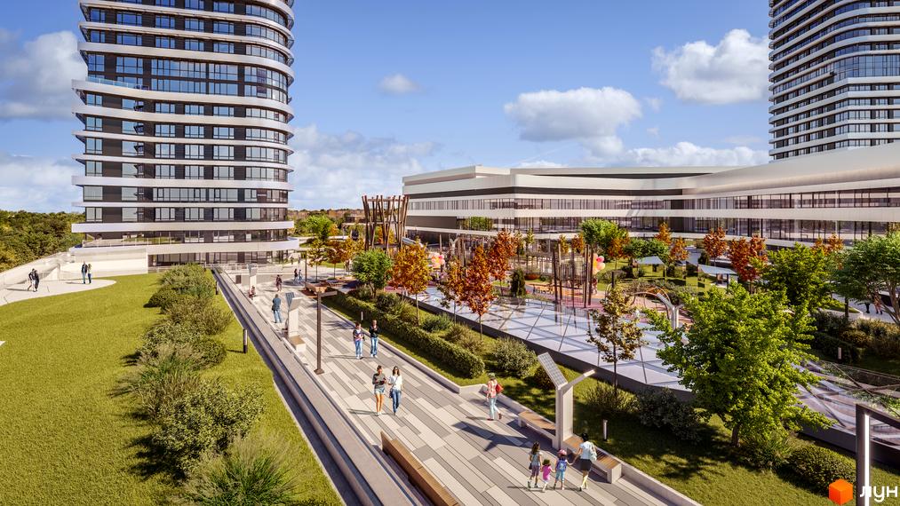 Житловий комплекс White Lines має високі будівлі з вигнутими фасадами та великими вікнами. Територія облаштована доріжками, зеленими насадженнями та дитячим майданчиком.