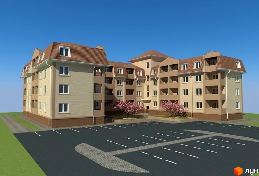 Житловий комплекс Молодіжний: багатоповерхова новобудова з коричневим дахом та балконами. Навколо будинку розташований паркінг та зелена зона з деревами.