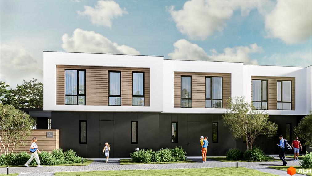 Зображення фасаду та прибудинкової території Котеджного містечка YOND.City. Двоповерхові будинки з великими вікнами та зелені насадження.