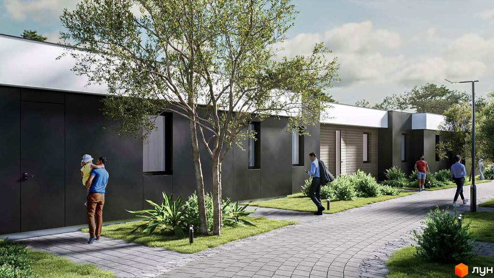 Котеджне містечко КМ YOND.City: одноповерхові будинки з темним фасадом та білими елементами. Прибудинкова територія з бруківкою, зеленими насадженнями та людьми.