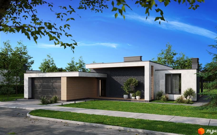 Зображення фасаду будинку в Котеджному містечку NAVY Village з прибудинковою територією, галявиною та тротуаром.