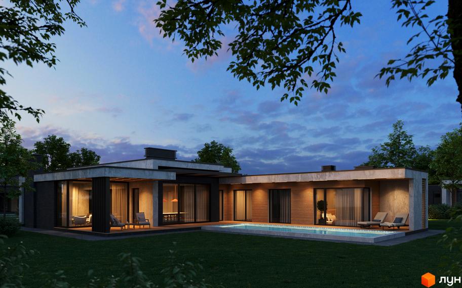 Котеджне містечко NAVY Village: одноповерховий будинок з пласким дахом, великими вікнами та комбінованим фасадом. На території розташований басейн та зелений газон.