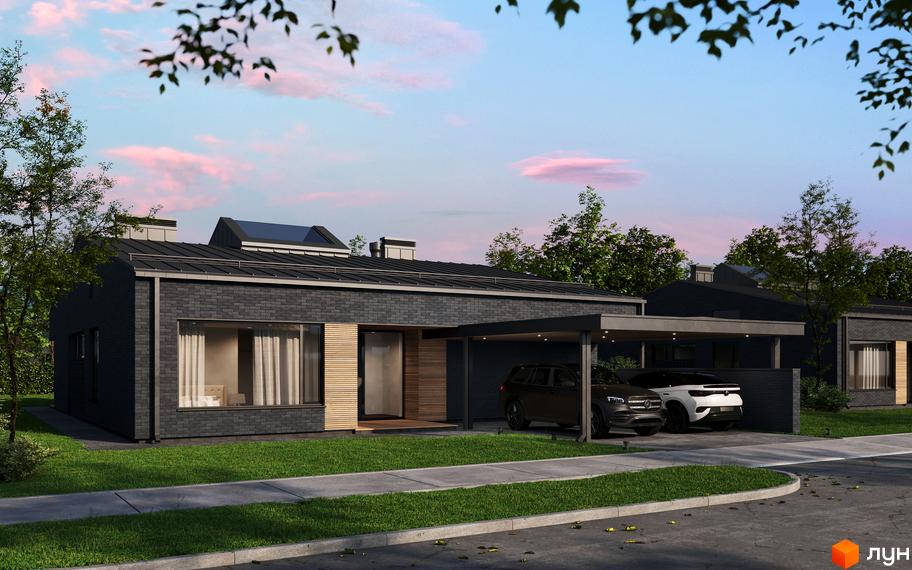 Зображення будинку в Котеджному містечку NAVY Village з прибудинковою територією та автомобілями. Фасад будинку оздоблений темною цеглою.