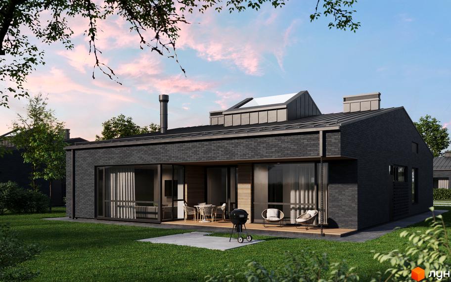 Зображення будинку в Котеджному містечку NAVY Village з великими вікнами та зоною відпочинку на подвір'ї. Ландшафтний дизайн з газоном.