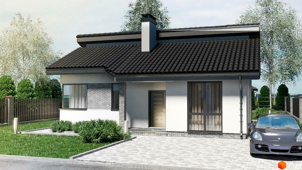 Котеджне містечко КМ Сонячний: одноповерховий будинок з темним дахом, цегляним фасадом та прибудинковою територією з газоном і парканом.