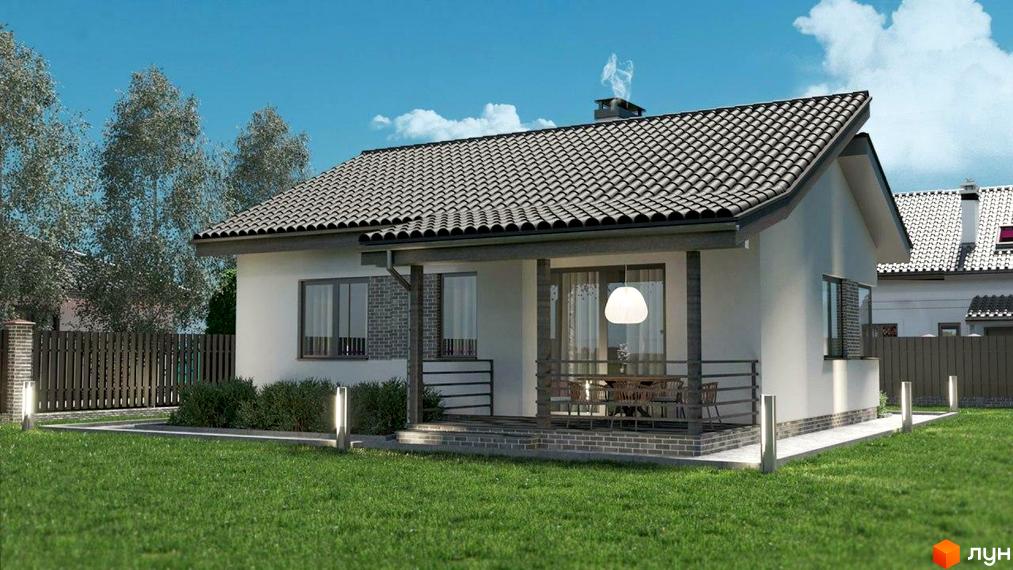 Котеджне містечко Сонячний: затишний одноповерховий будинок з сірим дахом та ганком. Прибудинкова територія з доглянутим газоном, огорожею та освітленням.