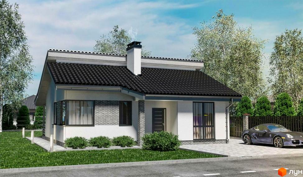 Котеджне містечко КМ Сонячний: одноповерховий будинок з темним дахом та білими стінами, вікнами, що виходять на зелену галявину та припаркований автомобіль.