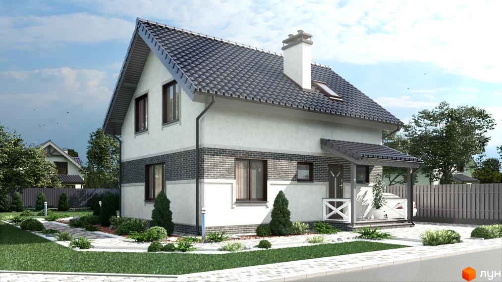 Котеджне містечко КМ Сонячний: двоповерховий будинок з сірим дахом, білими стінами та цегляним цоколем, з доглянутою прибудинковою територією та зеленими насадженнями.