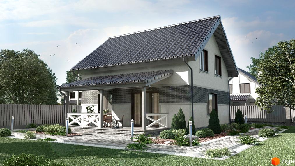 Котеджне містечко Сонячний: двоповерховий будинок з сірим дахом, білими стінами та цегляним оздобленням першого поверху. Прибудинкова територія з газоном, доріжками та зеленими насадженнями.