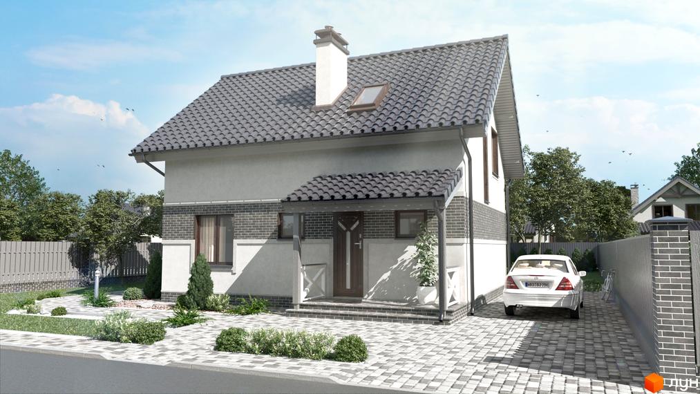 Котеджне містечко КМ Сонячний: двоповерховий будинок з сірим дахом, цегляним цоколем та білими стінами. Охайний двір з бруківкою, зеленими насадженнями та автомобілем.