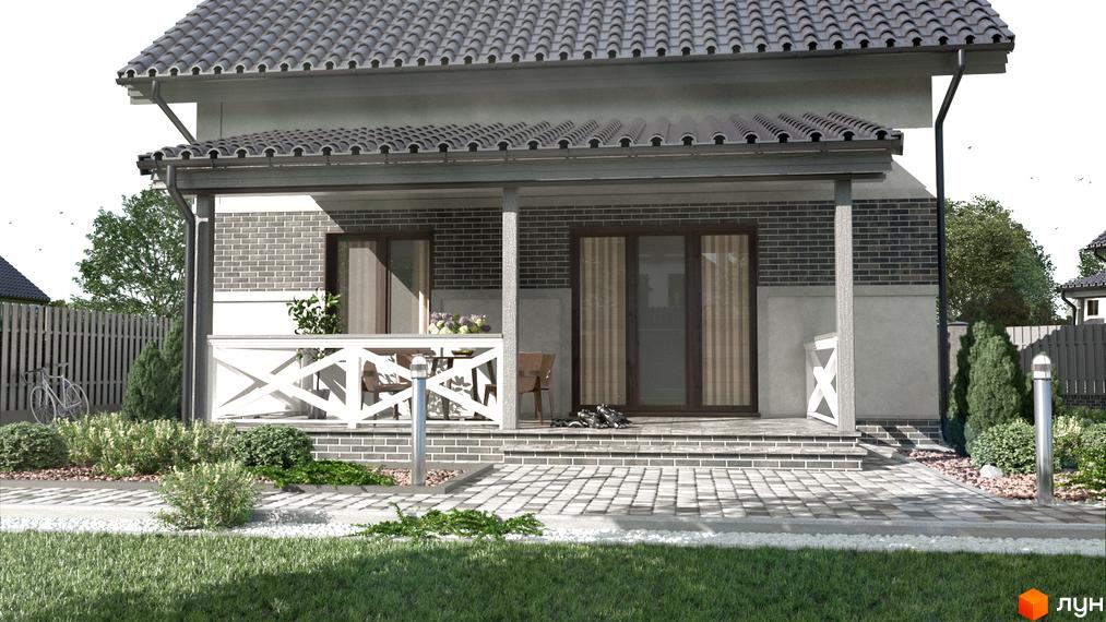 Котеджне містечко Сонячний: фасад будинку з цегляним оздобленням та ганком, вимощена доріжка та зелені насадження. Затишна прибудинкова територія для вашого комфорту.