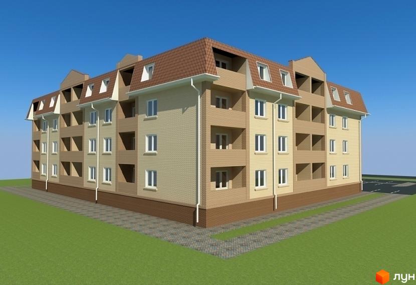 Житловий комплекс Молодіжний: фасад будинку з мансардними вікнами та балконами, оздоблений світлою цеглою. Навколо будинку зелена галявина та доріжки з бруківки.