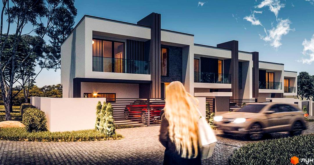 Таунхауси PANORAMA HILLS: фасади будинків з великими вікнами та балконами. Прибудинкова територія з доріжкою, зеленню та деревами.