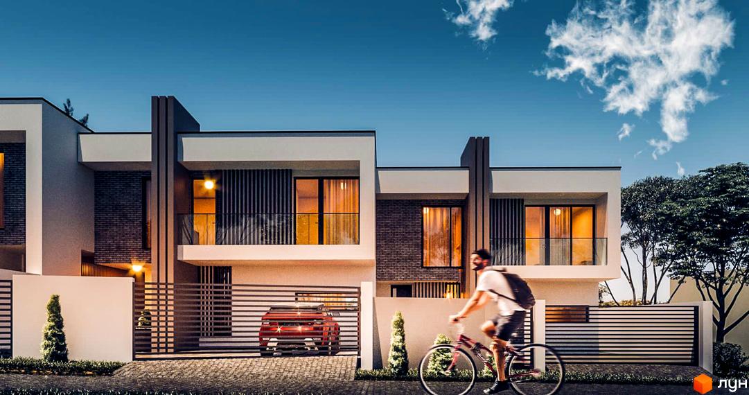 Зображення таунхаусів PANORAMA HILLS: будинки з білими та темними фасадами, балконами. На прибудинковій території видно автомобіль та людину на велосипеді.