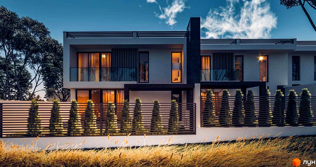 Зображення будинку в Житловому комплексі PANORAMA HILLS з двома поверхами та великими вікнами. Перед будинком декоративні дерева та трава.