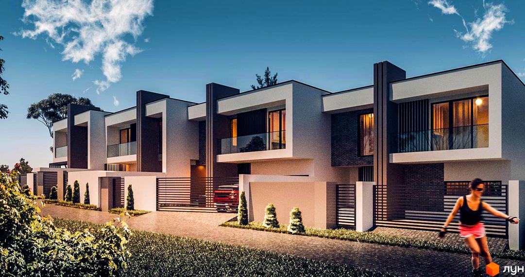 Ряд двоповерхових таунхаусів PANORAMA HILLS з світлими та темними фасадами, великими вікнами та балконами. Перед будинками доріжка та зелені насадження.