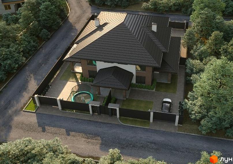 Квадрекс Ihouse Quadro: двоповерховий будинок з темним дахом, огородженою територією, газоном та батутом.