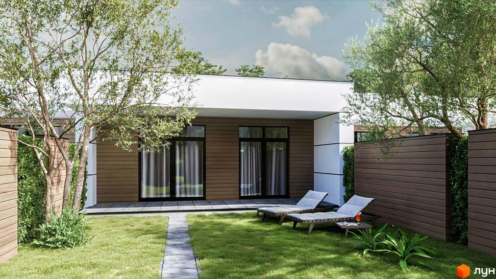 Котеджне містечко YOND.City: одноповерховий будинок з білим фасадом, коричневими панелями та великими вікнами. Перед ним газон, доріжка і шезлонги.