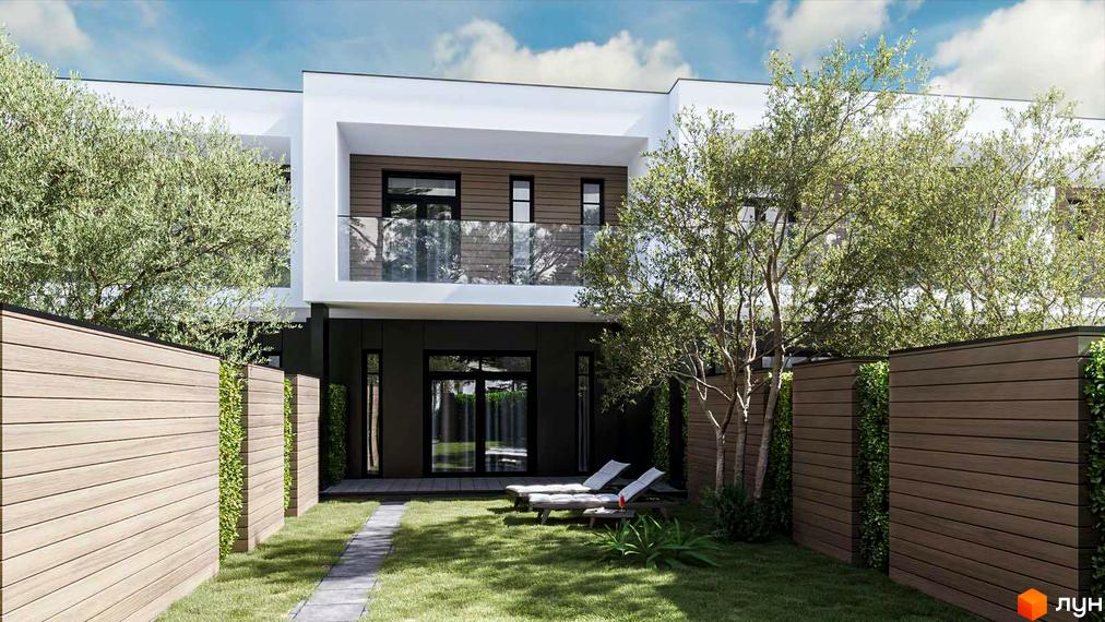 Котеджне містечко YOND.City: двоповерховий будинок з білим та темним фасадом, великими вікнами, скляним балконом, зеленим газоном та дерев'яними огорожами.