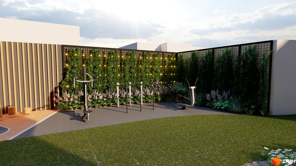 Зона відпочинку у дворі Будівельного проєкту OKRUZHNA HALL: спортивні тренажери, зелена трава, декоративні рослини та освітлення.