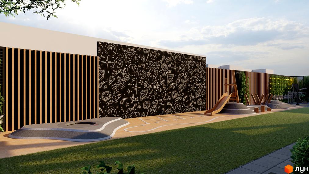 Дитячий майданчик у дворі Будівельного проєкту OKRUZHNA HALL з гіркою, пісочницею та малюнками космосу на стіні, зелена трава.