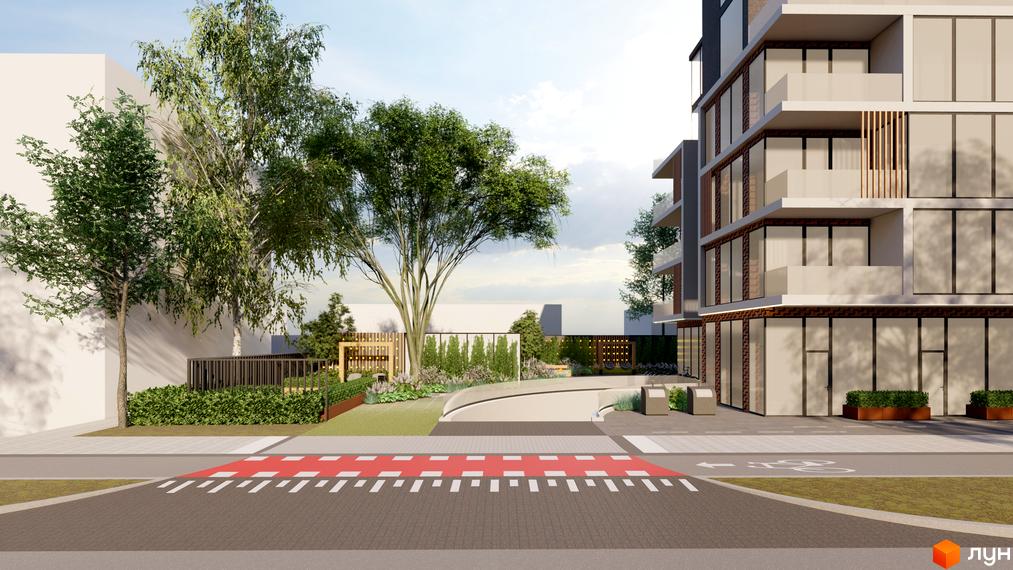 Новобудова OKRUZHNA HALL з великими вікнами та балконами. Прибудинкова територія озеленена деревами, кущами та має пішохідний перехід.