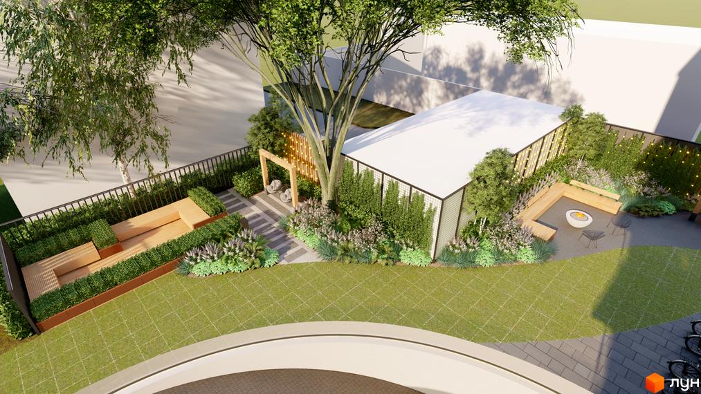 Візуалізація ЖК OKRUZHNA HALL з ландшафтним дизайном: тераса з місцем для відпочинку, газон, дерева та зелені насадження.