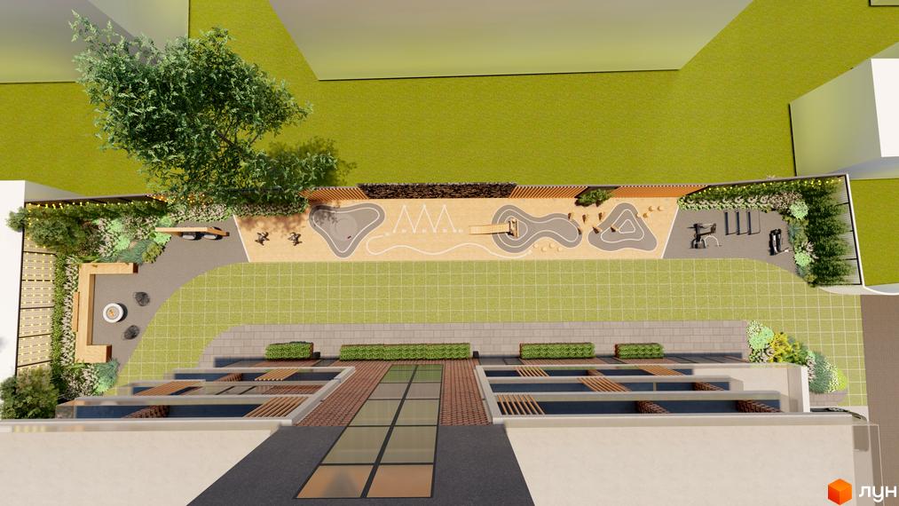 Вид зверху на Житловий комплекс OKRUZHNA HALL з багаторівневими терасами та облаштованою прибудинковою територією, що включає дитячий майданчик та зони відпочинку.