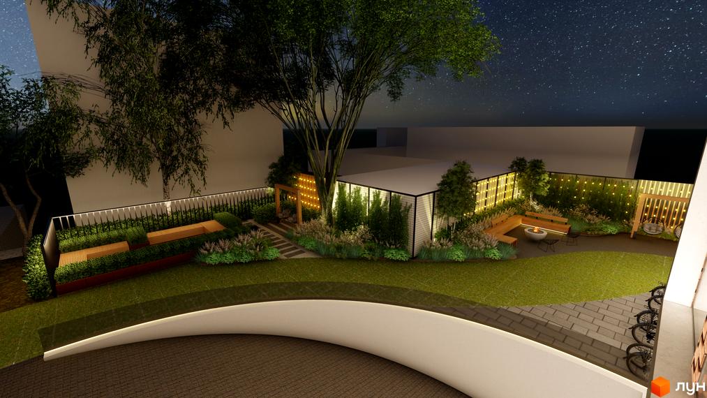 Житловий комплекс OKRUZHNA HALL: нічний вигляд на прибудинкову територію з ландшафтним дизайном, освітленням та зонами відпочинку.