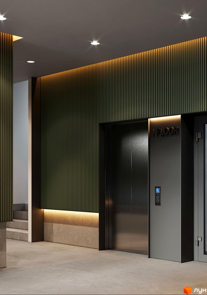 Інтер'єр холу Житлового комплексу OKRUZHNA HALL з темно-зеленими вертикальними панелями, ліфтом та підсвічуванням.