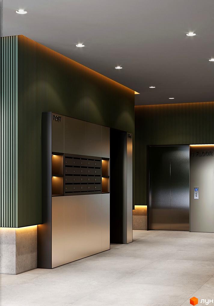 Інтер'єр холу в ЖК OKRUZHNA HALL з поштовими скриньками, стінами з вертикальними панелями та підсвічуванням.