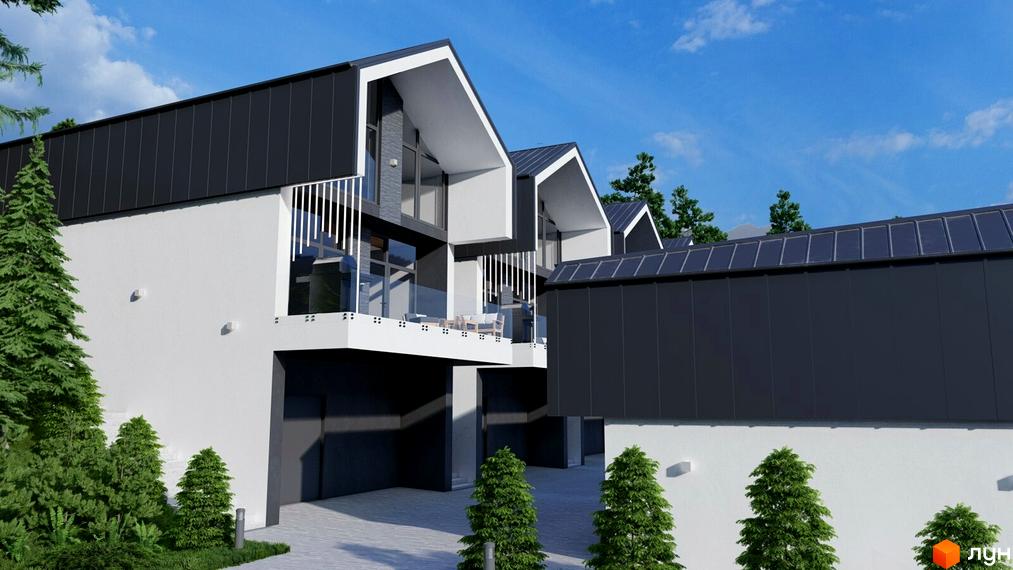 Зображення котеджів у Котеджному містечку Black&White Villas з великими вікнами та балконами. Навколо будівель зелені насадження.