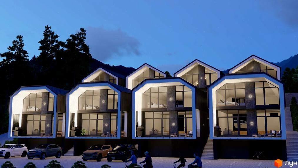 Зображення Котеджного містечка Black&White Villas: триповерхові будинки з великими вікнами та автомобілями на парковці.