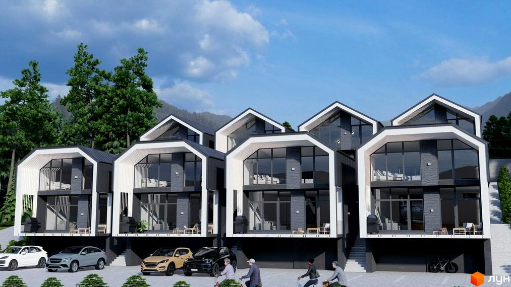 Зображення Котеджного містечка Black&White Villas. Двоповерхові будинки з великими вікнами та автомобілями на парковці.