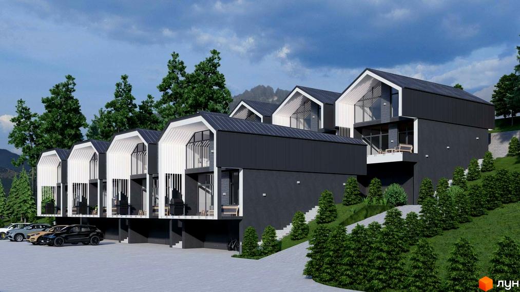 Зображення Котеджного містечка Black&White Villas: ряд будинків з чорними дахами та білими колонами, поруч припарковані автомобілі.