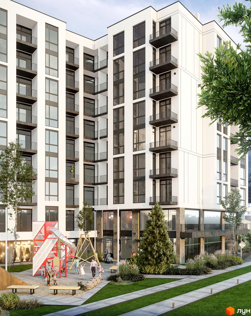 Зображення фасаду багатоповерхового будинку в Житловому комплексі Бузковий з дитячим майданчиком у дворі.