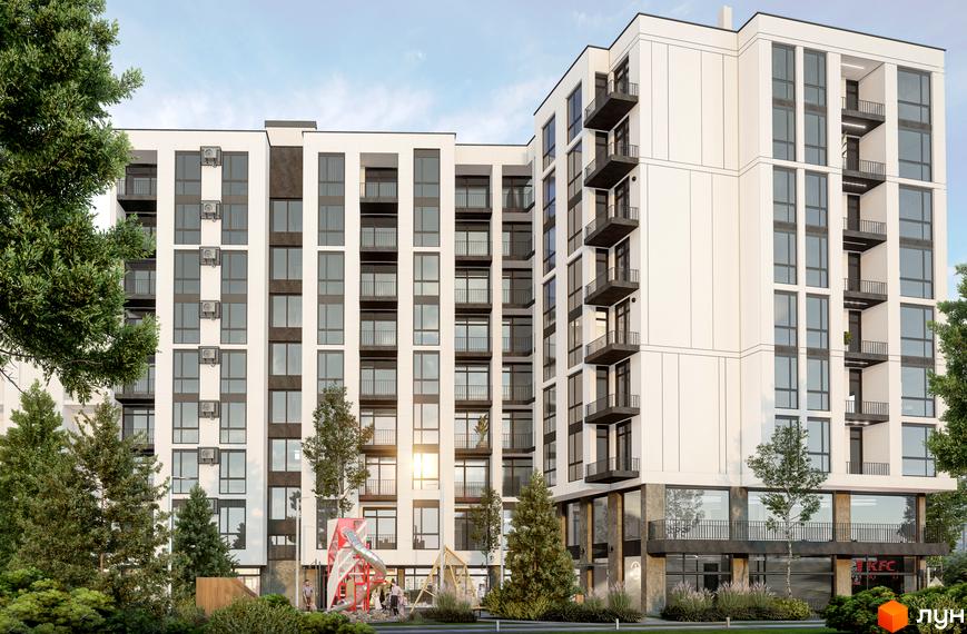 Зображення фасаду Житлового комплексу Бузковий з великими вікнами та балконами. На передньому плані дитячий майданчик.