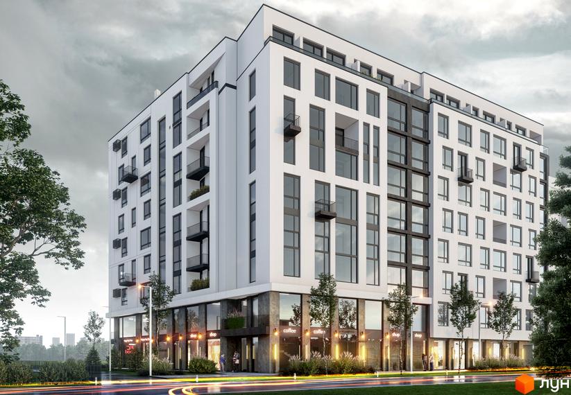 Зовнішній вигляд житлового комплексу Бузковий з білими фасадами, великими вікнами та балконами. Навколо будівлі розташовані дерева та освітлена вулиця з автомобілями.