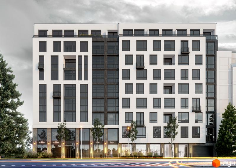 Зовнішній вигляд новобудови ЖК Бузковий з фасадом з білої штукатурки та темними вікнами. На першому поверсі розташовані комерційні приміщення.