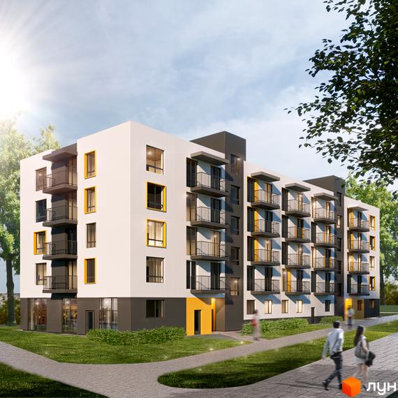 Зображення фасаду Житлового комплексу Canny home з балконами та вікнами. Навколо новобудови зелена прибудинкова територія.