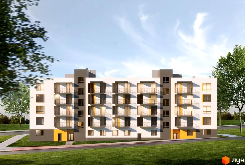 Зображення фасаду Новобудови Canny home з балконами та вікнами. Навколо будинку зелена трава та дерева.