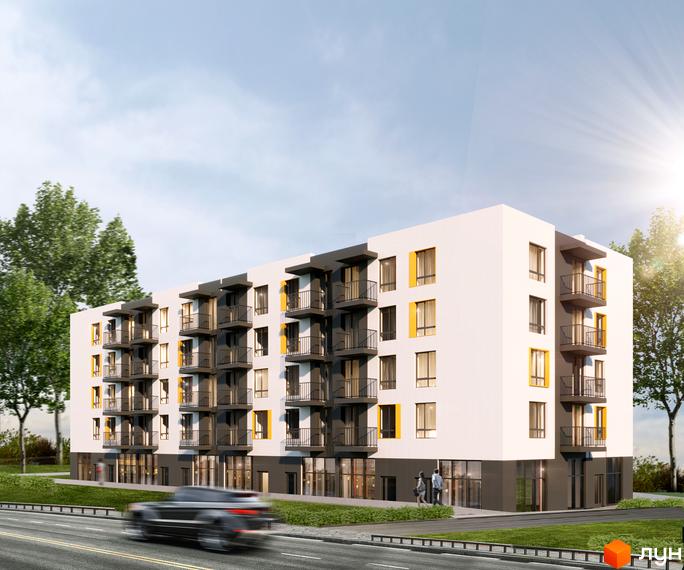 Зображення фасаду Житлового комплексу Canny home. Багатоповерхова будівля з балконами та панорамними вікнами на тлі зелених насаджень.