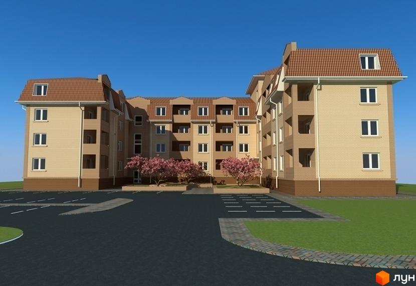 Житловий комплекс Молодіжний: будівля з бежевими стінами та коричневим дахом. У дворі — квітучі дерева та парковка.