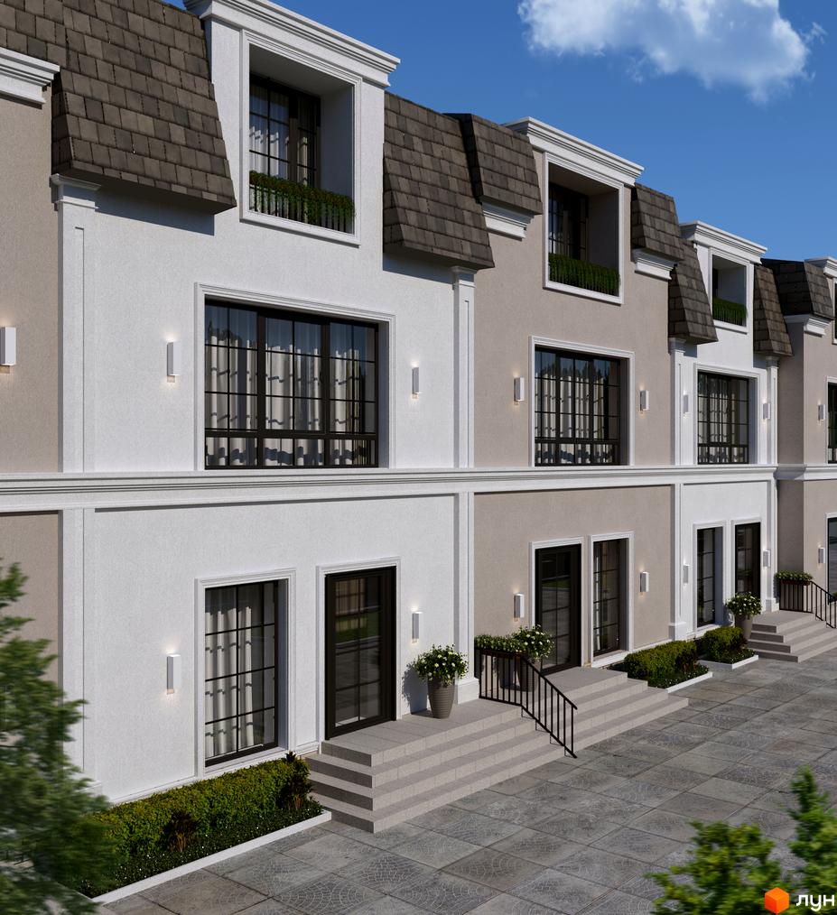 Зображення фасаду таунхаусів Real House з великими вікнами та сходами до входу. Навколо будинків зелені насадження та тротуарна плитка.