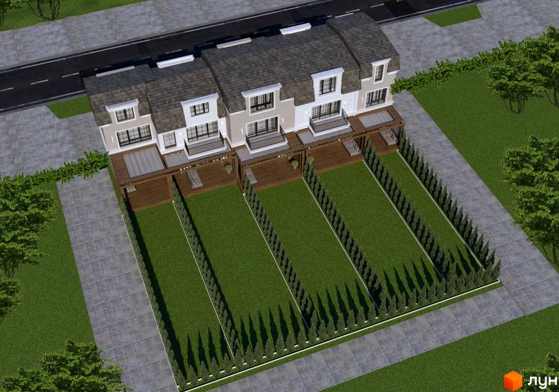 Таунхауси Real House: триповерхові будинки з сірими дахами, дерев'яними терасами та зеленими галявинами. Навколо будівель – доглянуті газони, бруківка та дерева.